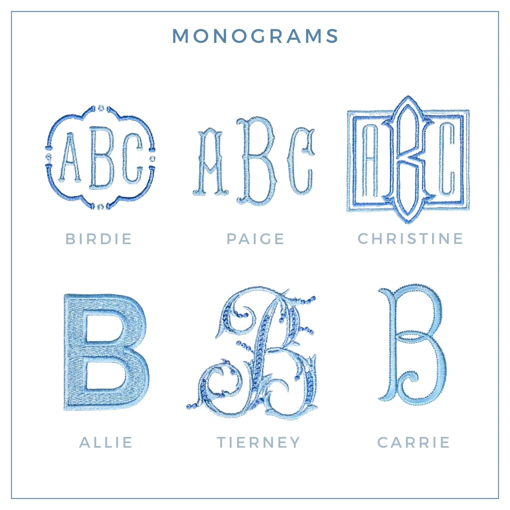 Collection of embroidered monogram designs with the letters ABC in various styles, labeled with names Birdie, Paige, Christine, Allie, Tierney, and Carrie.