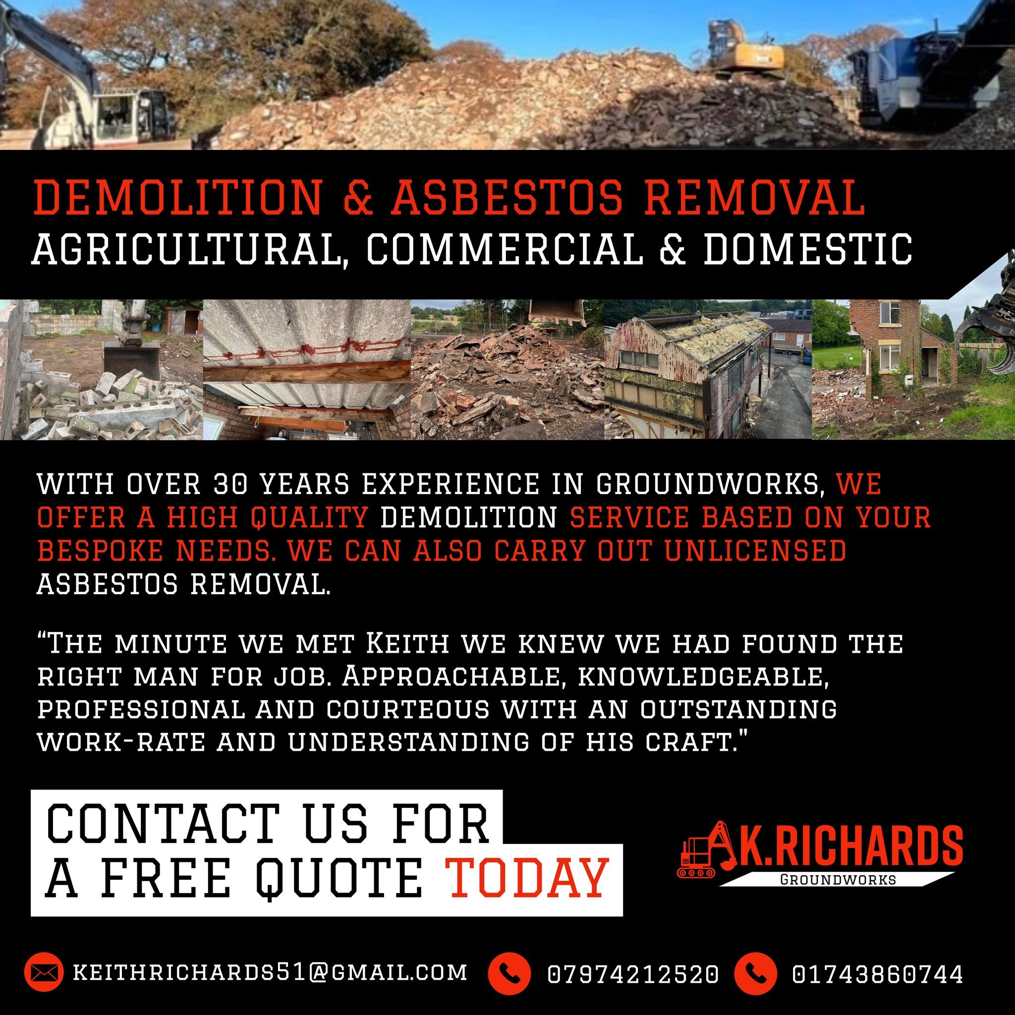 Looking for an experienced demolition and asbestos removal contractor? We&rsquo;re based near Shrewsbury but willing to travel! 

Call Keith today on 07974 212520 or visit website for more info https://www.akrichards-groundworks.co.uk/home/demolition
