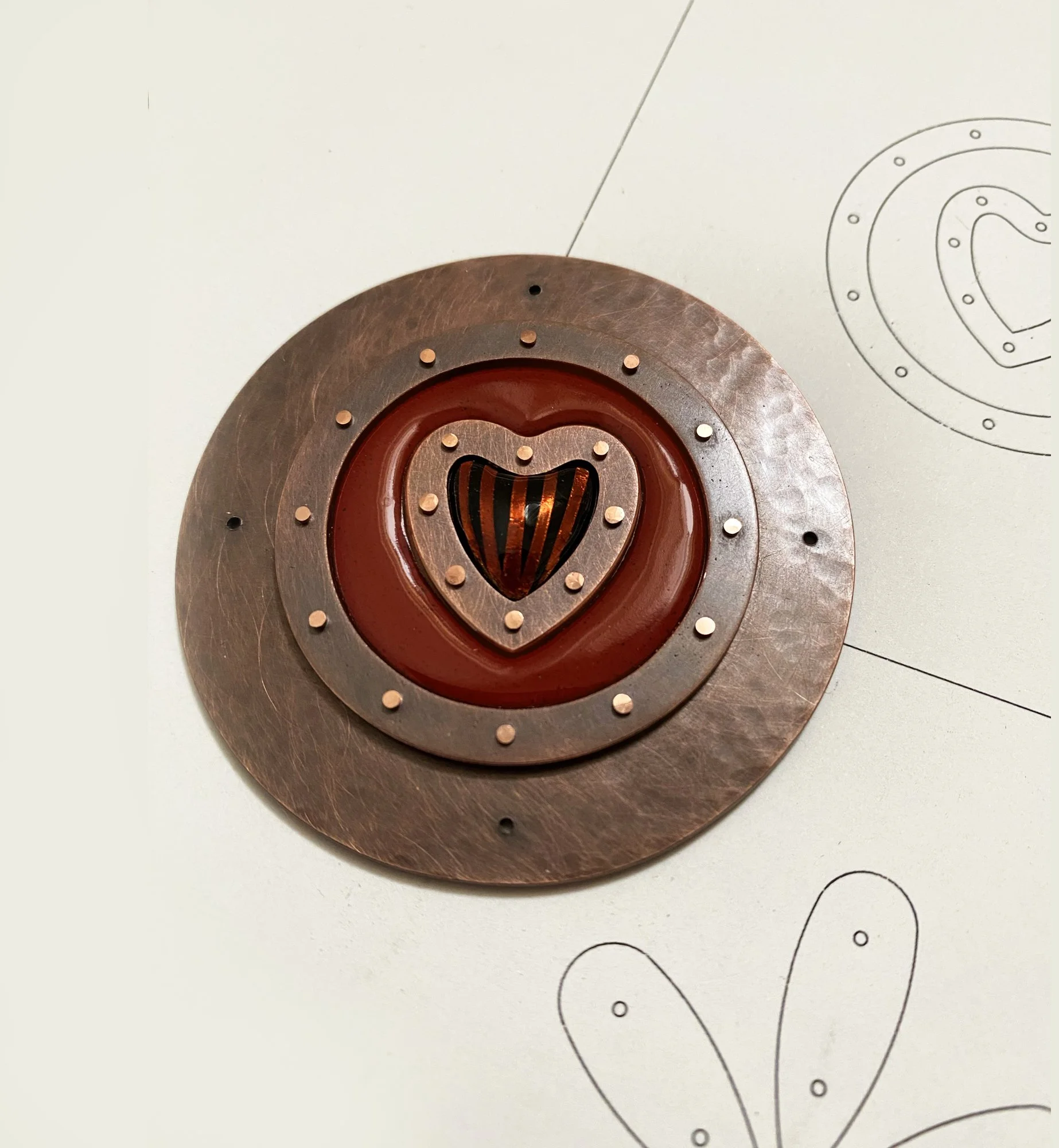 Enamel and copper detail of Heart Urn 