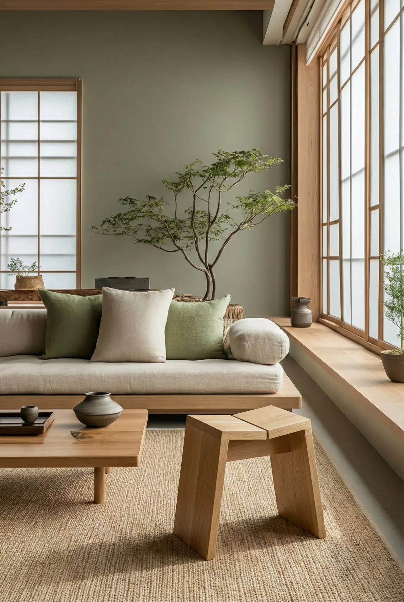 Tabouret japonais en chêne massif dans un salon japandi — Atelier Samo Dijon