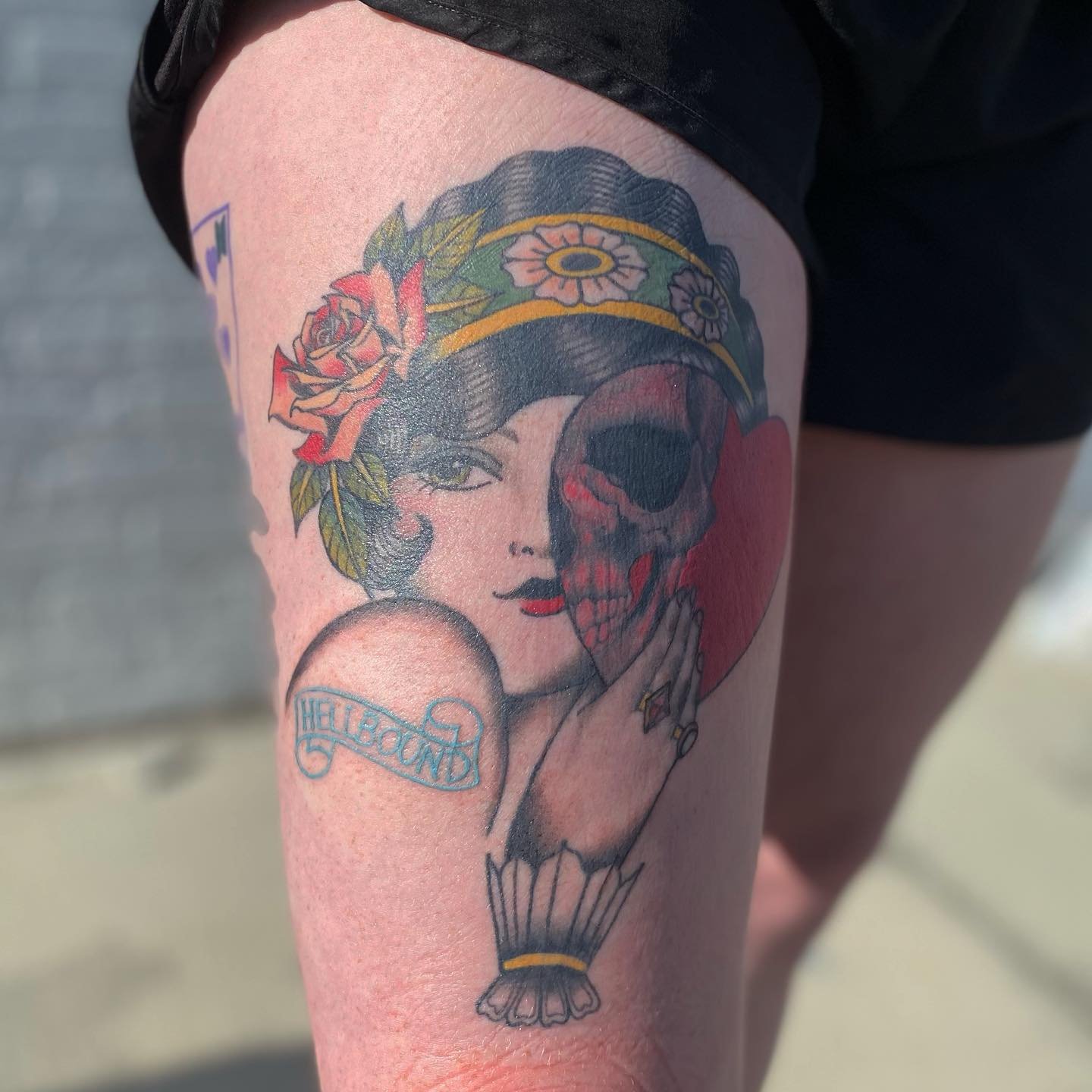 *Healed Tattoo* 

We had touched up the &ldquo;Hellbound tattoo&rdquo; and a little of the red but otherwise this lady is a healed tattoo. 
She was one of my Up-for-grabs from a bit ago and I would absolutely love to do more mixed style tattoos in th