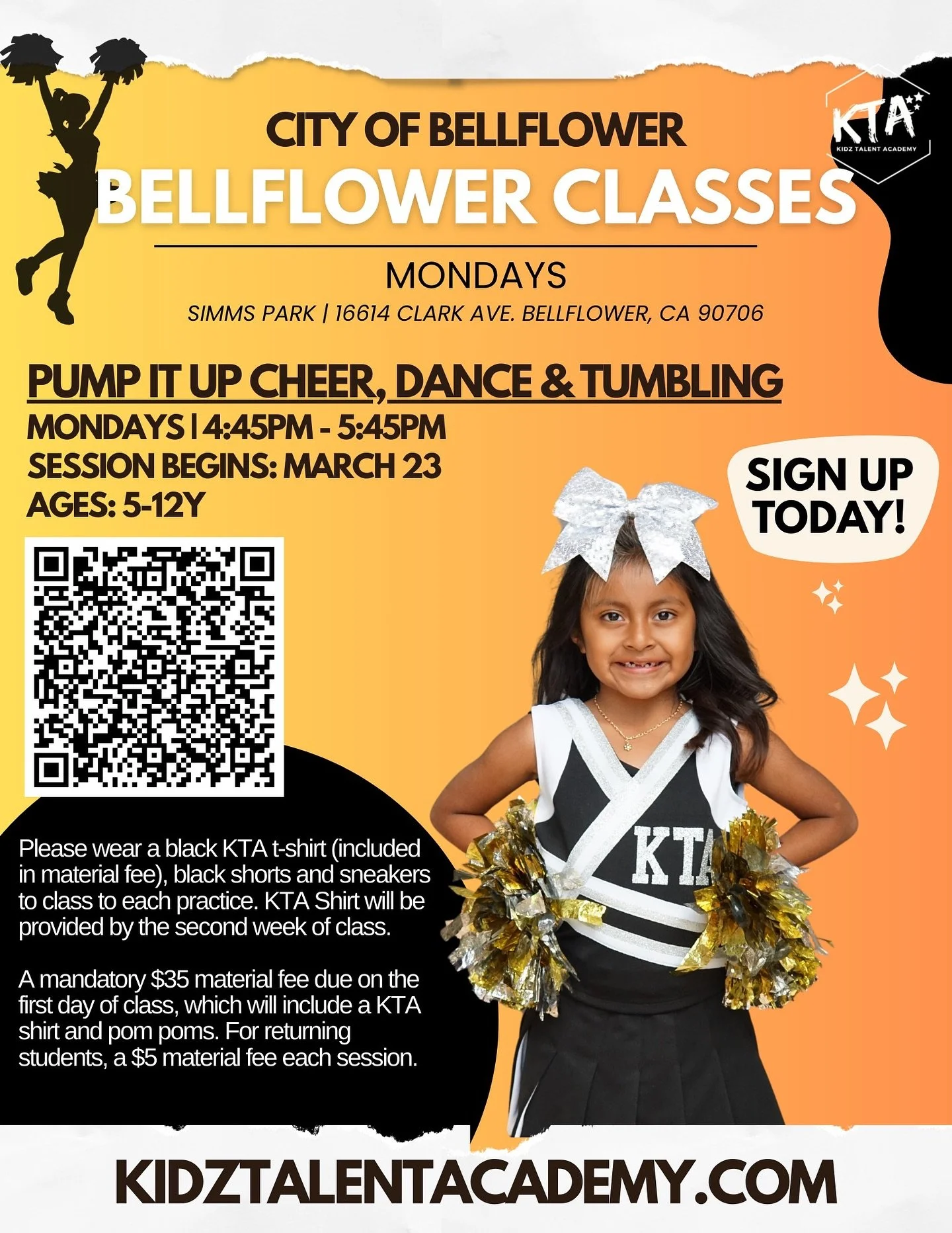 ✨ BELLFLOWER FAMILIES &mdash; THIS ONE&rsquo;S FOR YOU! (Performance opportunity in June) 😊

🎉 PUMP IT UP CHEER, DANCE &amp; TUMBLING
📍 Simms Park &bull; Bellflower
🗓 Mondays | 4:45&ndash;5:45 PM
👧🏽🧒🏽 Ages 5&ndash;12
📆 Session begins Monday,