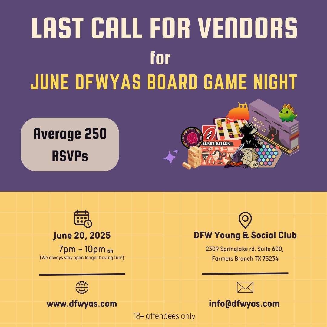 Call for Vendors for Board Game Night, Only a Few Spots Remaining🎲✨

We&rsquo;re looking for amazing local vendors for our Board Game Night + Local Vendor Mini Mart on June 20th. If you have handmade items, unique crafts, or any cool wares, come joi
