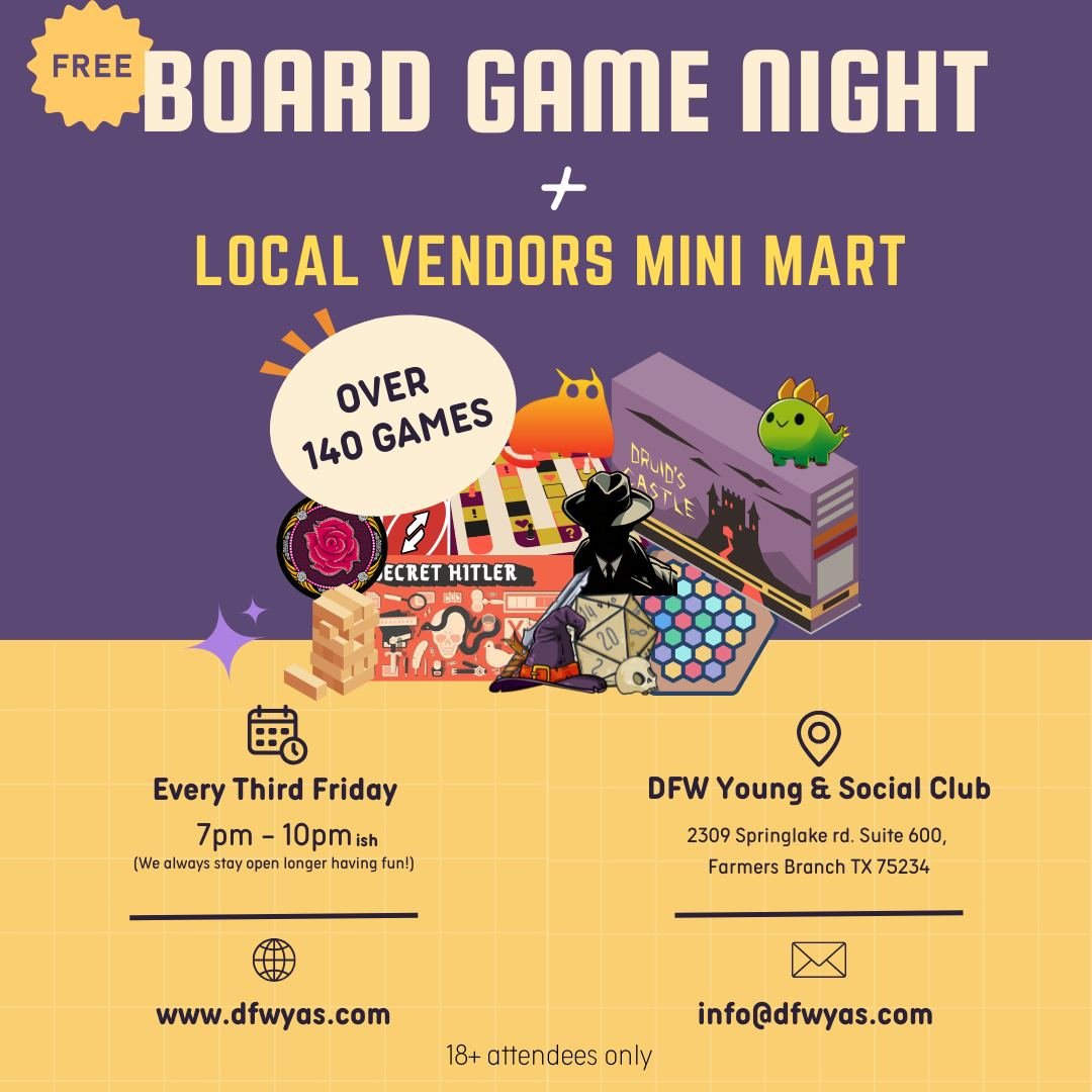 Board Game Night + Local Vendor Mini Mart &ndash; This Friday!

We&rsquo;re keeping the fun going with Board Game Night this Friday by bringing even more space to play and connect! Last time, we opened up the entire studio, giving everyone plenty of 