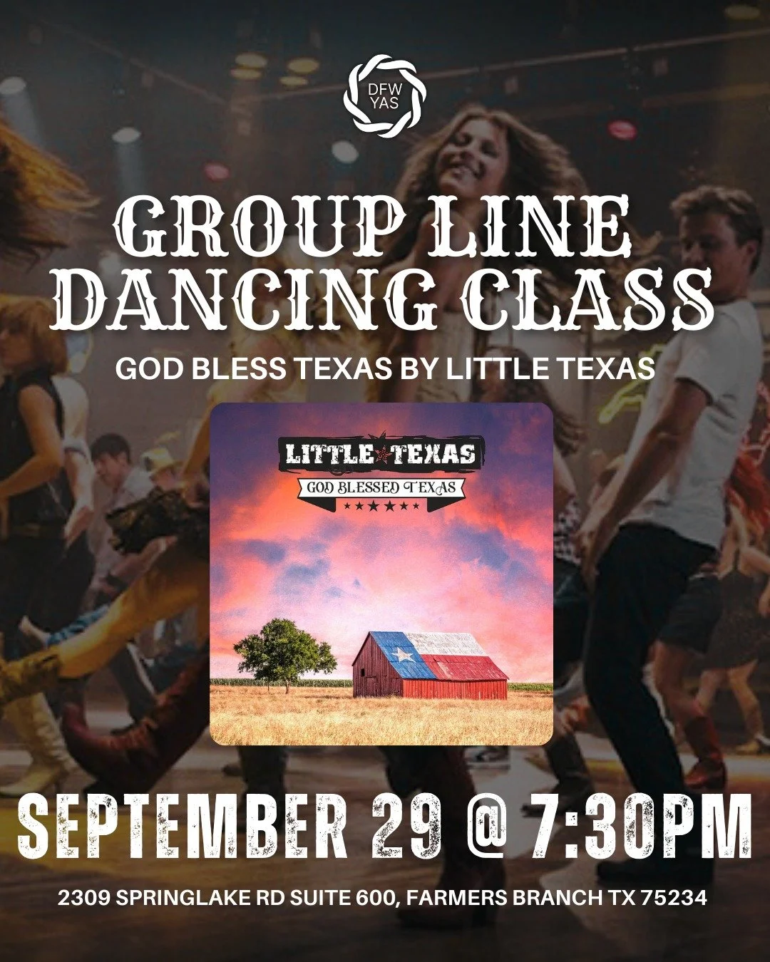 👢End your September on a high note &mdash; join us Monday at 7:30 PM for our Beginner Line Dancing Class featuring God Bless Texas by Little Texas!

This class is beginner-friendly and approachable, making it perfect whether you&rsquo;re brand new t