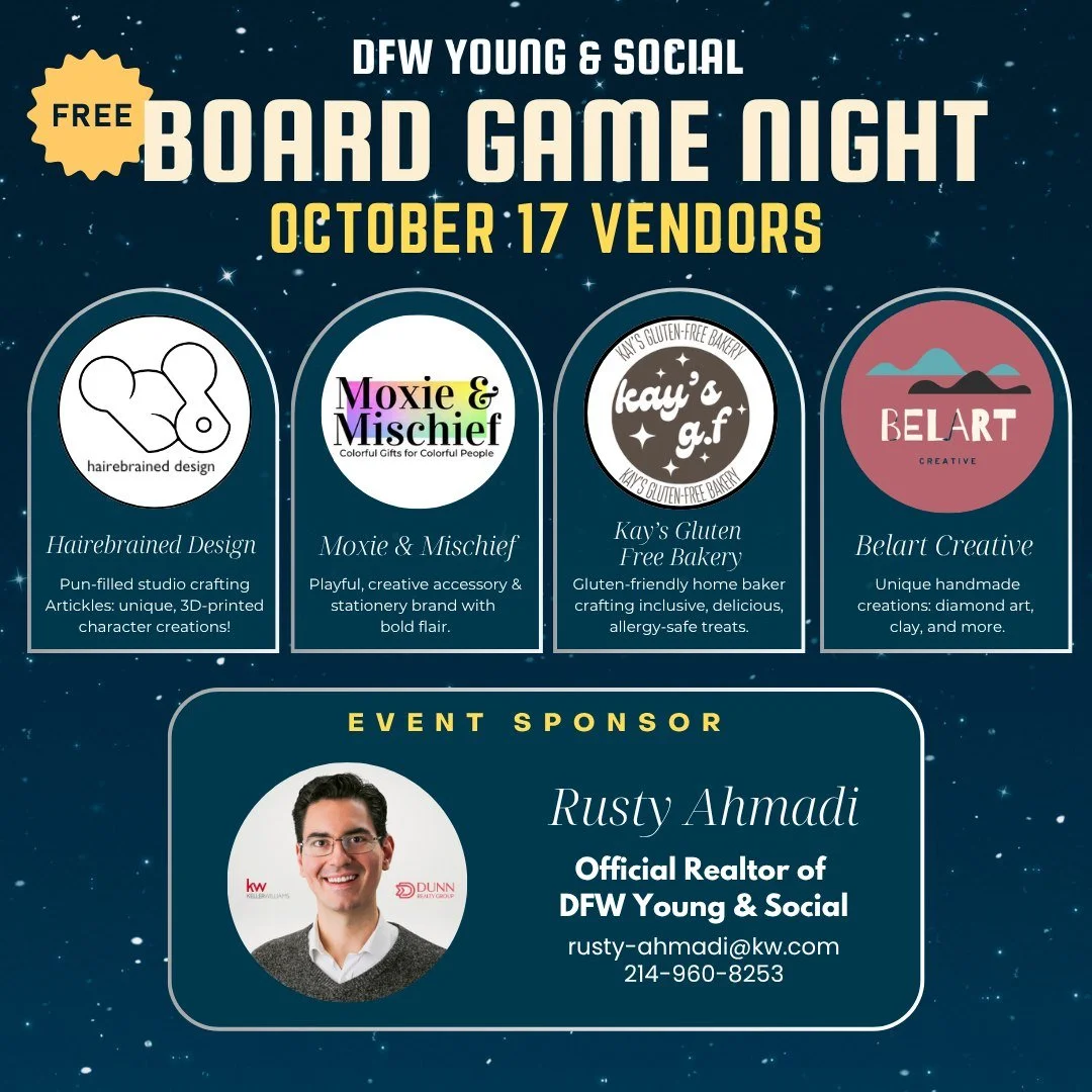 Join us for a night of games, community, and shopping local this Friday, October 17 at 7 PM! Octobers&rsquo;s lineup features four incredible vendors:

Hairebrained Design | @hairebrained 
Moxie &amp; Mischief | @moxiemischiefdesigns 
Kay's Gluten Fr