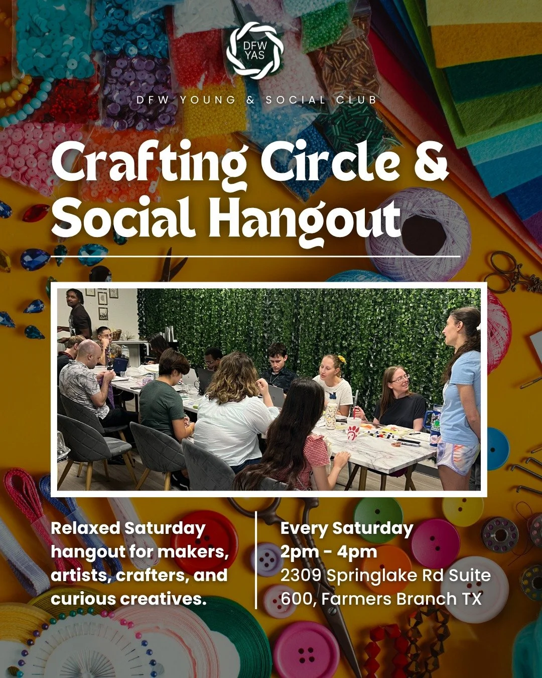 🧵Bring your project, grab a seat, and hang out with us. 🎨

Our Crafting Circle &amp; Social Hangout meets every Saturday from 2&ndash;4 PM (and often goes until 7). It&rsquo;s a laid-back, come-and-go space to work on whatever inspires you &mdash; 