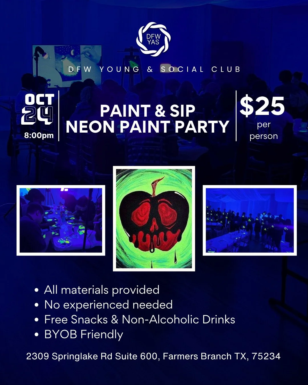 🍏 A little spooky, a little glowing, and a whole lot of fun! ✨

Join us for our Neon Paint Party: Poison Apple Edition &mdash; a Halloween twist on our classic Sip &amp; Paint night. You&rsquo;ll paint a glowing poison apple design under blacklight 