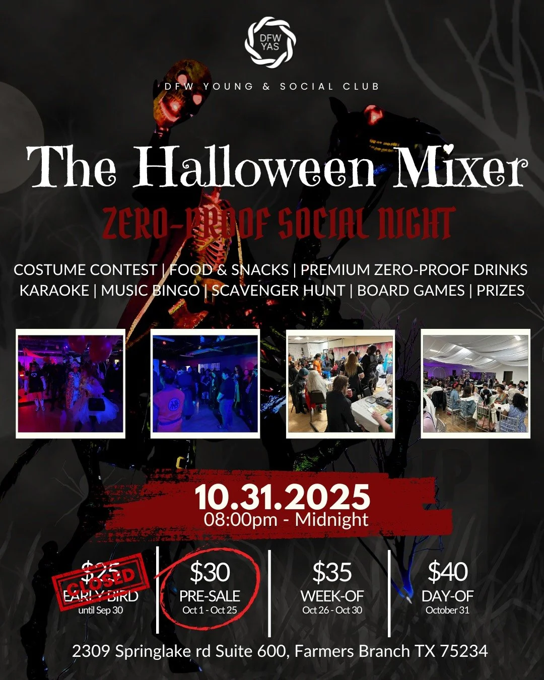 🎃✨ Last day before prices go up!

Skip the bar crawl and celebrate Halloween your way at The Halloween Mixer: A Zero-Proof Social Night &mdash; a fully alcohol-free evening packed with games, food, and connection. No hangovers. No pressure. Just goo