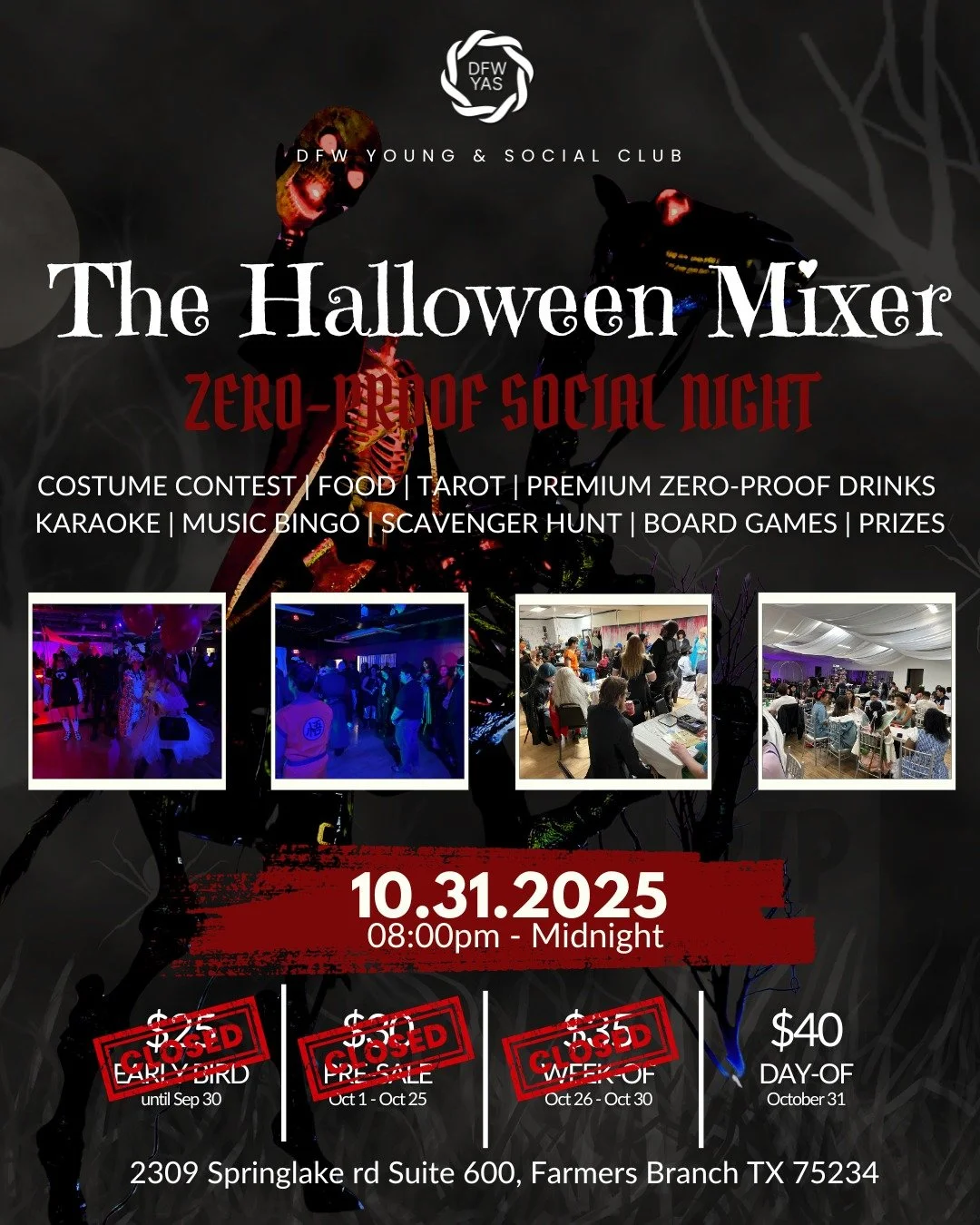 🎃 Today is finally the day! The 4th Annual DFWYAS Halloween Party kicks off tonight.

Our biggest event of the year returns with all your favorite things &mdash; dancing, games, food, prizes, and zero-proof drinks. This is Halloween, DFWYAS style.

