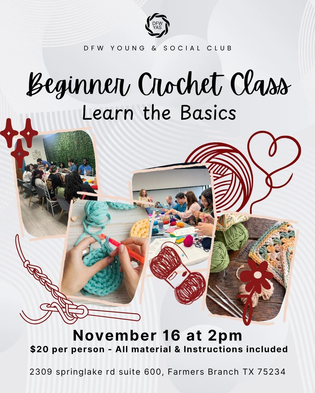 🧶 Ready to learn something new (and relaxing)? Join us for our Beginner Crochet Class on Sunday, Nov 16 at 2 PM, where you&rsquo;ll learn the basics &mdash; how to hold your hook, make your first stitches, and find your rhythm.

This class is all ab