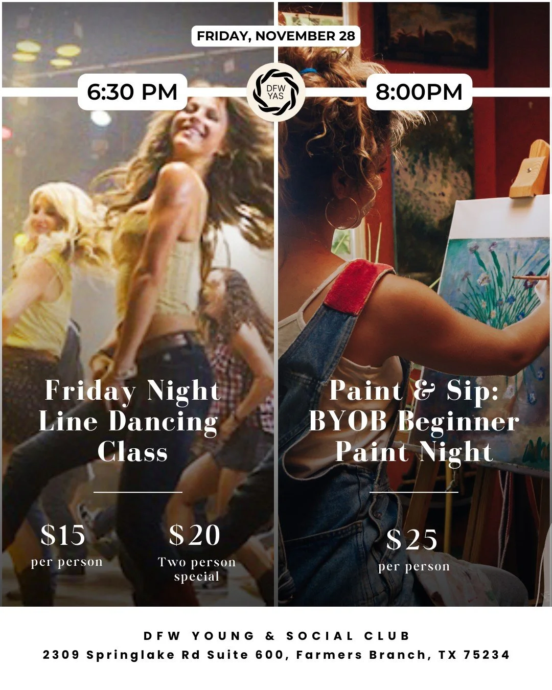 Two ways to spend post-thanksgiving with us! Perfect for an adult family activity or just a way to treat yourself! 💫

🕺 6:30 PM &mdash; Group Line Dancing Class
Beginner-friendly, fun, and approachable. $15 per person or $20 for two special. No par