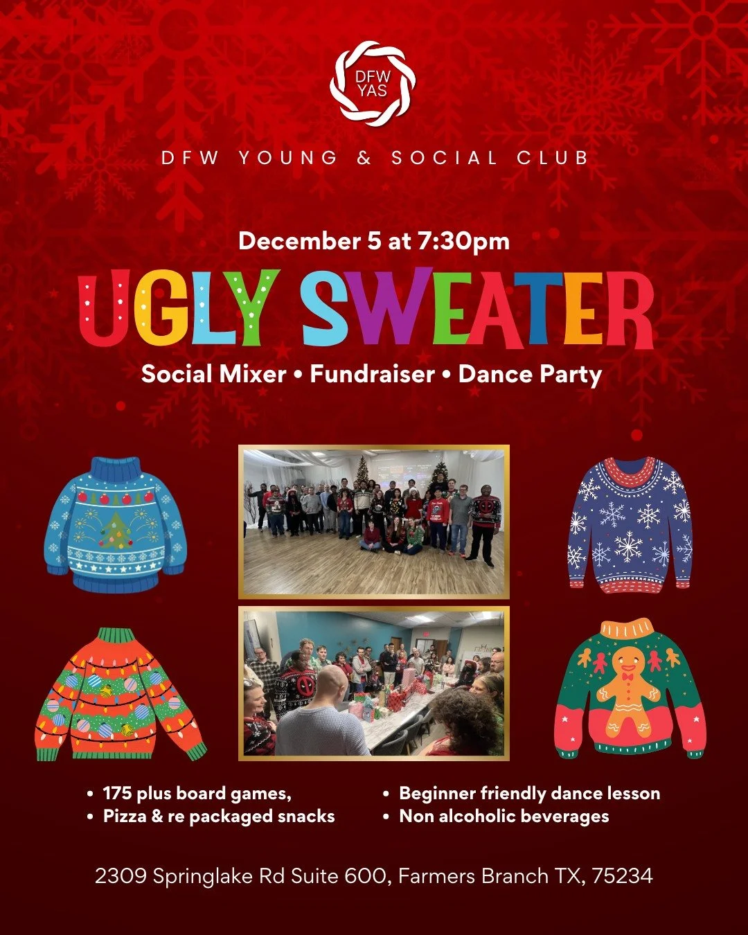 🎄 Grab your ugliest sweater and join us for a festive night of dancing, games and holiday fun. Our Ugly Sweater Social Mixer and Dance Party is happening next Friday, Dec 5 at 7:30 PM. It is the cozy, cheerful celebration we look forward to every ye