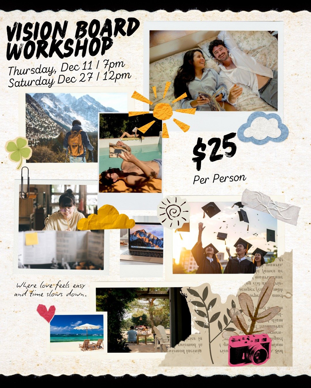 ✨ Ready to start dreaming up your 2026

Join us on Thursday, Dec 11 at 7 PM for our Vision Board Workshop, a creative evening of reflection, inspiration and connecting with others who are mapping out their goals for the year ahead. Maria will guide y