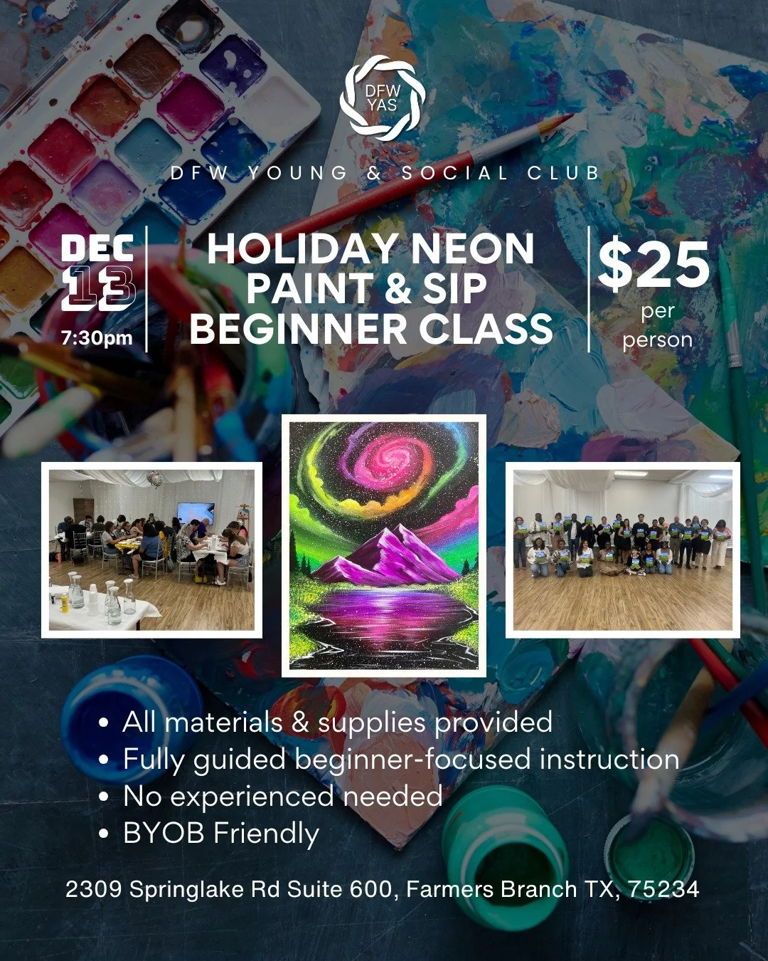 🌟 Ready to glow this holiday season

Our Holiday Neon Paint and Sip Party is happening Saturday, Dec 13 at 7:30 PM, and it is the perfect mix of creativity, color and festive fun. We will paint under blacklight, sip our favorite drinks and watch eve