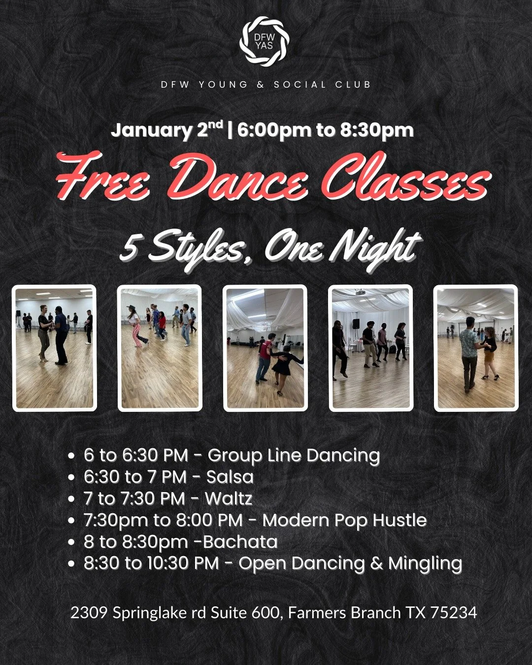 💃✨ Try five dance styles in one night.

Our Free Dance Class Sampler Night is happening Friday, Jan 2, and it&rsquo;s the perfect way to kick off the new year. You&rsquo;ll rotate through five beginner-friendly 25-minute classes, with no partner nee