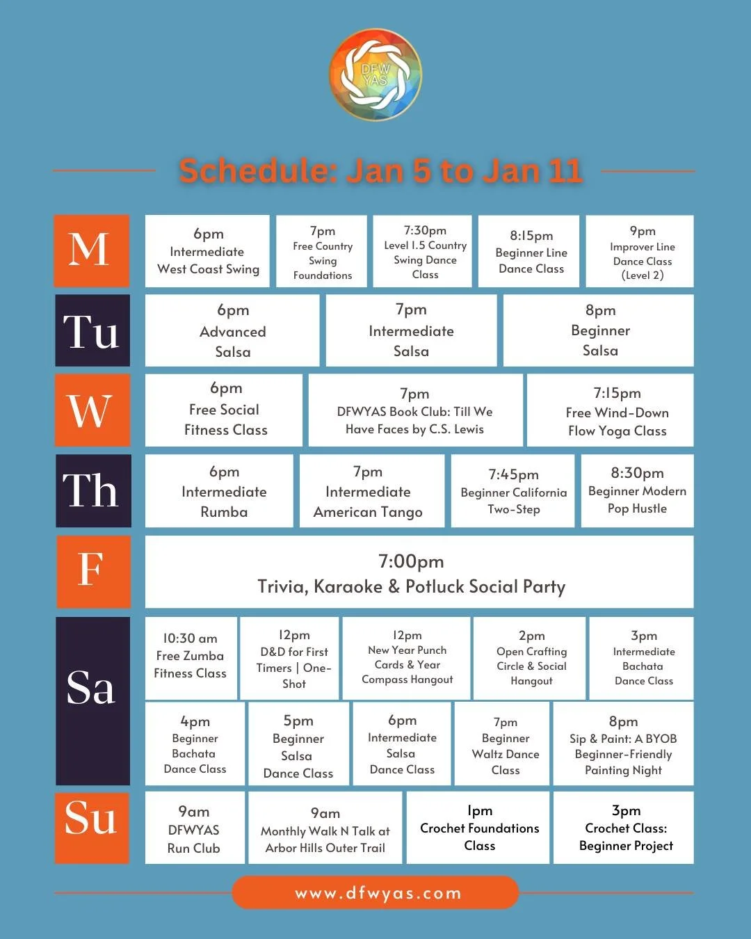 🗓️ A new week at DFWYAS is officially here.

From dance classes and fitness to book club, crafts, socials, and a full Friday night hangout, this week is packed with ways to move, create, and connect. Whether you&rsquo;re coming for one class or hopp