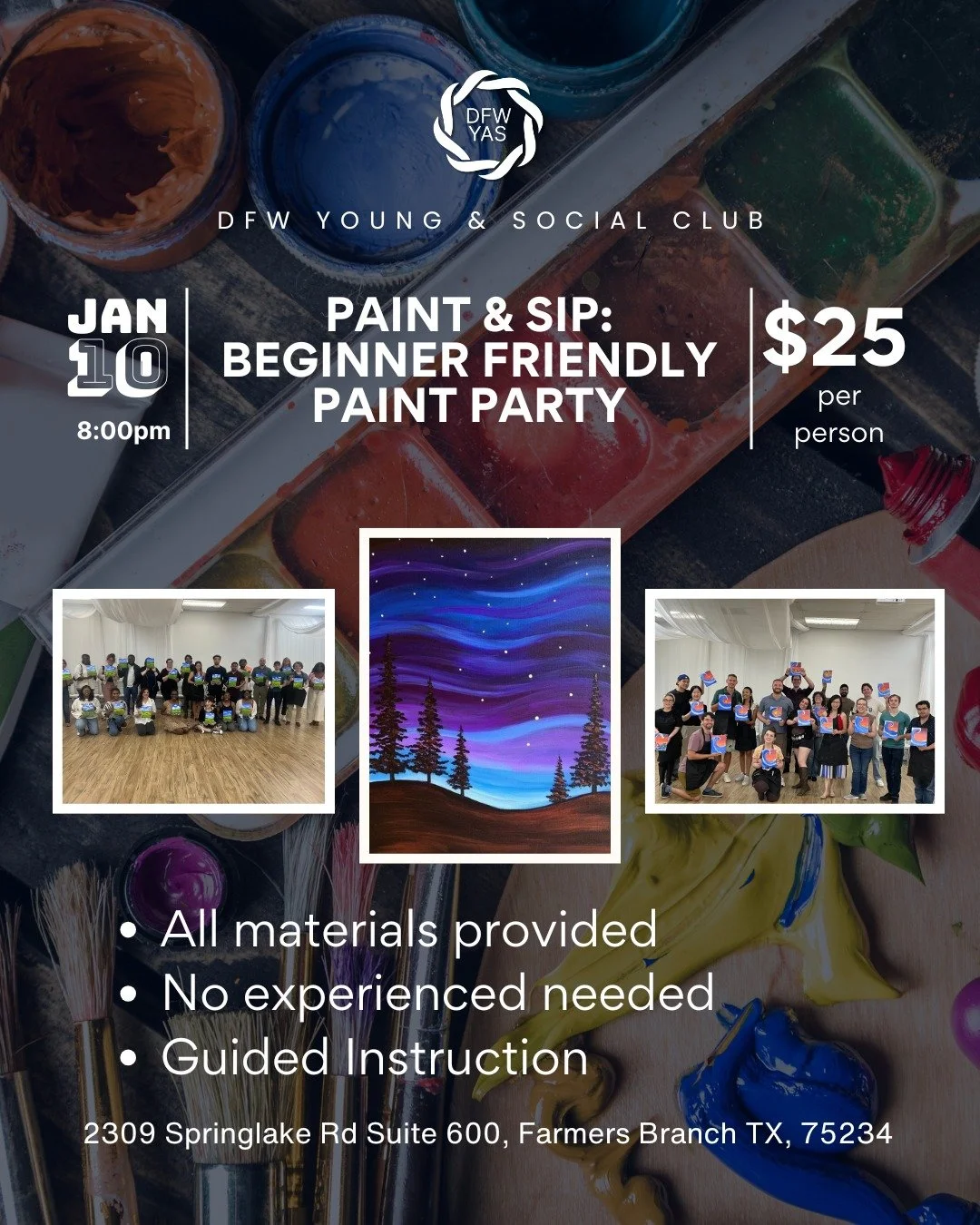 🎨✨ First paint &amp; Sip of year on Friday, January 10 at 8 PM

Our Sip &amp; Paint is designed for beginners and anyone looking for a fun, relaxed way to explore painting. Each session features a step-by-step guided project that makes it easy to fo