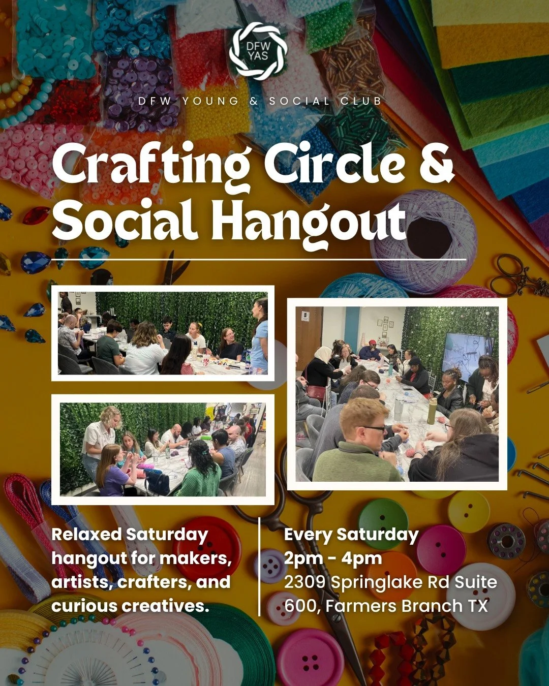 🧵Bring your project, grab a seat, and hang out with us. 🎨

Our Crafting Circle &amp; Social Hangout meets every Saturday from 2&ndash;4 PM (and often goes until 7). It&rsquo;s a laid-back, come-and-go space to work on whatever inspires you &mdash; 