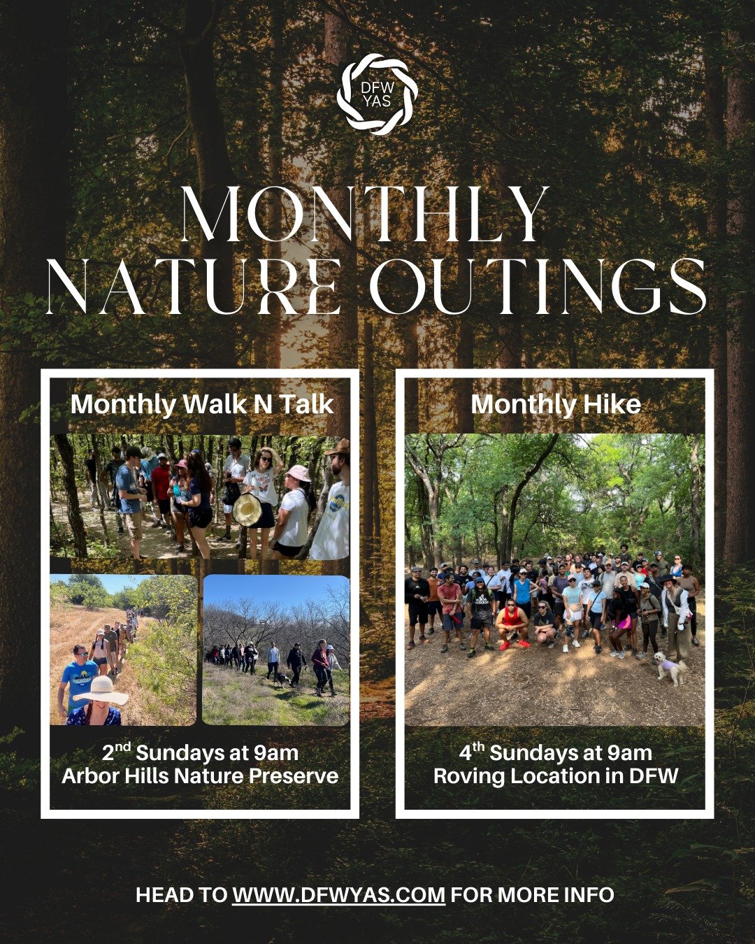 Fresh air, easy movement, and good conversation. Each month we host two different outdoor meetups designed to help you unplug, get outside, and connect with others in a relaxed way.

 Monthly Walk N Talk
📍 Arbor Hills Nature Preserve
🗓 2nd Sundays 