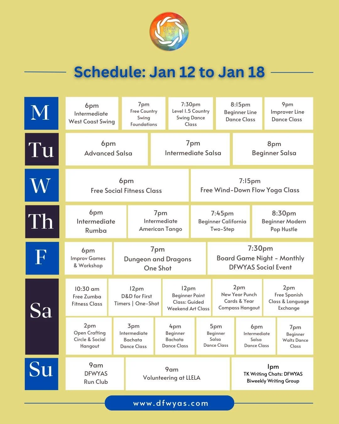 We have a full schedule this week! Crafts, socials, 180+ board games, and a full weekend. Come down, make some friends, and try something new!

This week includes:
&bull; Multiple beginner and intermediate dance classes
&bull; Free social fitness and
