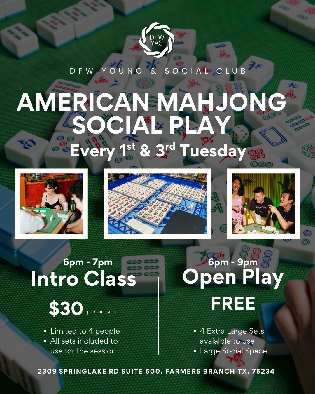 🀄 Curious about American Mahjong or just want a relaxed night of play

Join us for American Mahjong Social on Tuesday, Jan 20, part of our ongoing 1st and 3rd Tuesday series. The evening is split into two easy options so you can join in whatever way