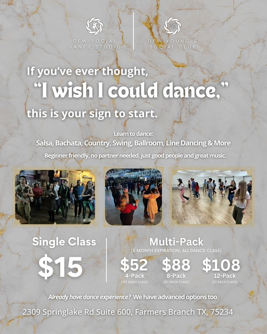 If you&rsquo;ve ever thought, &ldquo;I wish I could dance,&rdquo; this is your sign to start.

Our classes make learning fun, comfortable, and welcoming for everyone. You&rsquo;ll pick up real steps, meet great people, and enjoy music that makes it i
