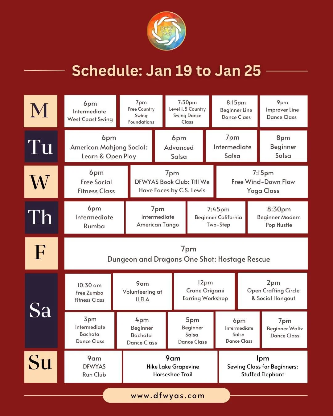 We have a full schedule this week! Dancing, Origami, Sewing, and Dungeon &amp; Dragons. Come down, make some friends, and try something new!

This week includes:
&bull; Multiple beginner and intermediate dance classes
&bull; Free social fitness and w