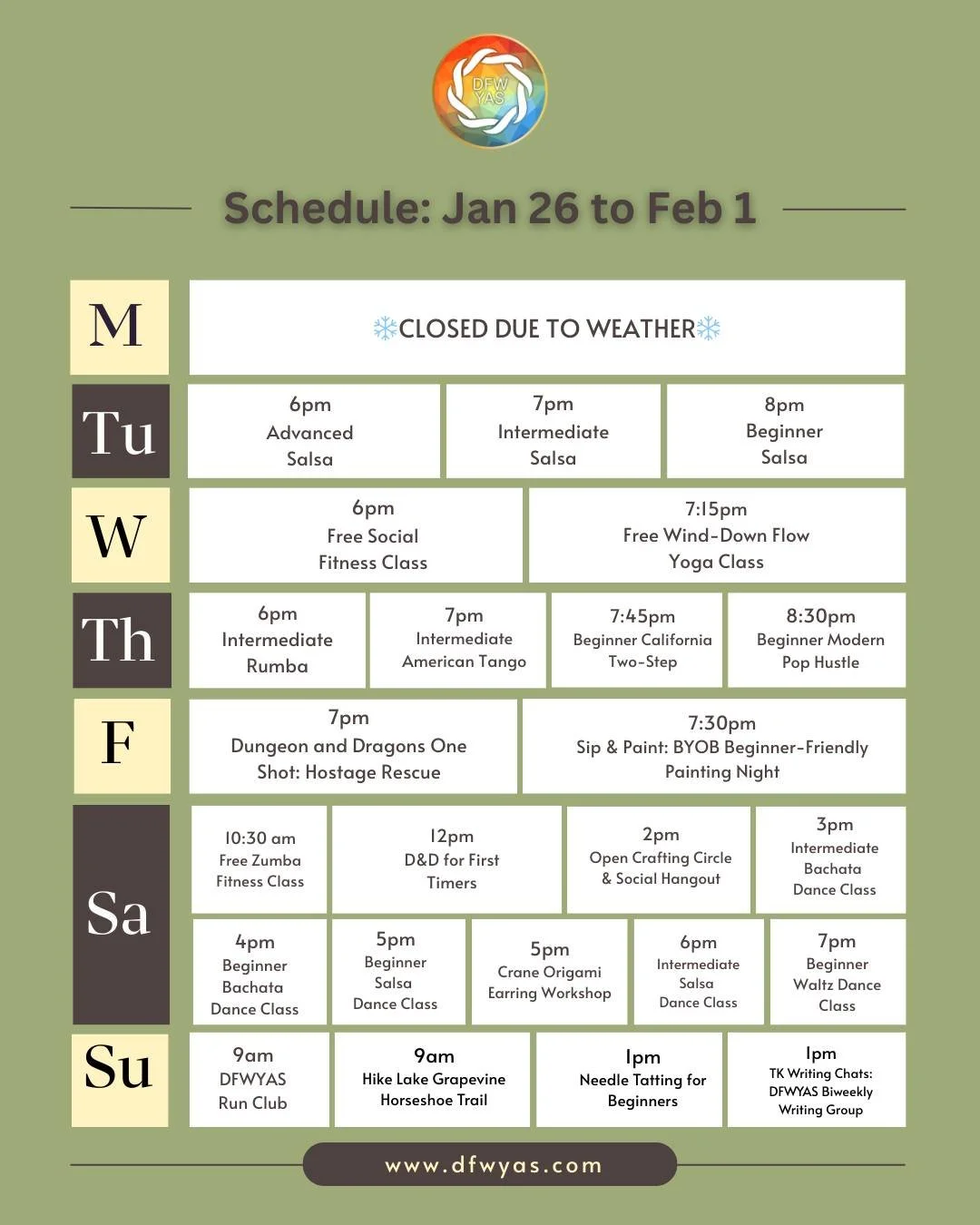 We have a full schedule this week! Dancing, Origami, Needle Tatting, Dungeon &amp; Dragons and so much more! Come down, make some friends, and try something new.

This week includes:
&bull; Multiple beginner and intermediate dance classes
&bull; Free