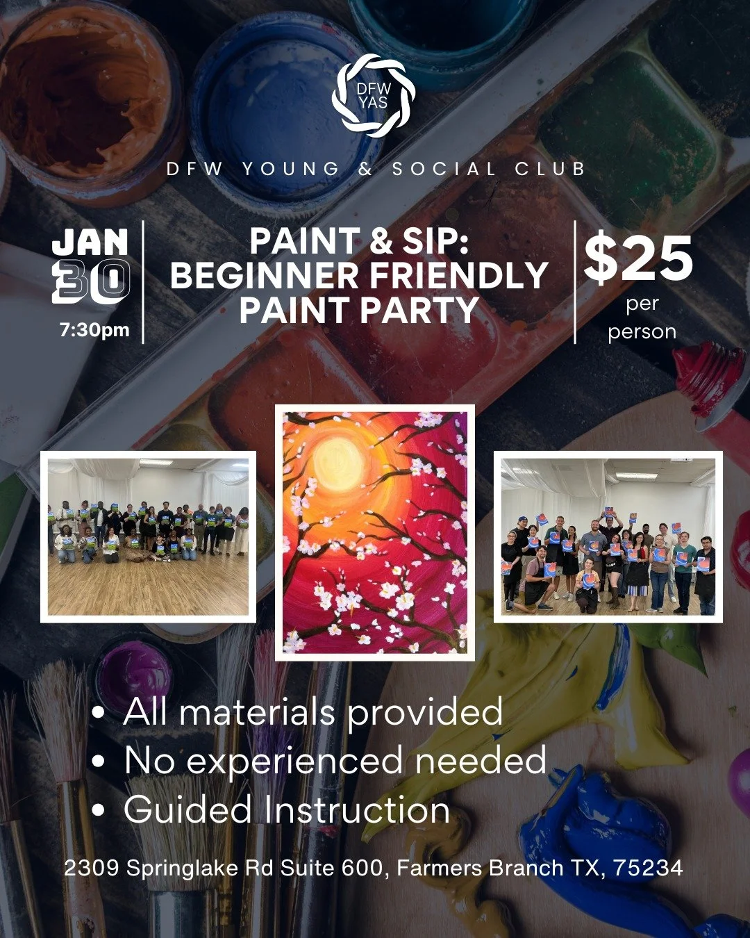 🎨✨ First paint &amp; Sip of year on Friday, January 30 at 7:30 PM

Our Sip &amp; Paint is designed for beginners and anyone looking for a fun, relaxed way to explore painting. Each session features a step-by-step guided project that makes it easy to