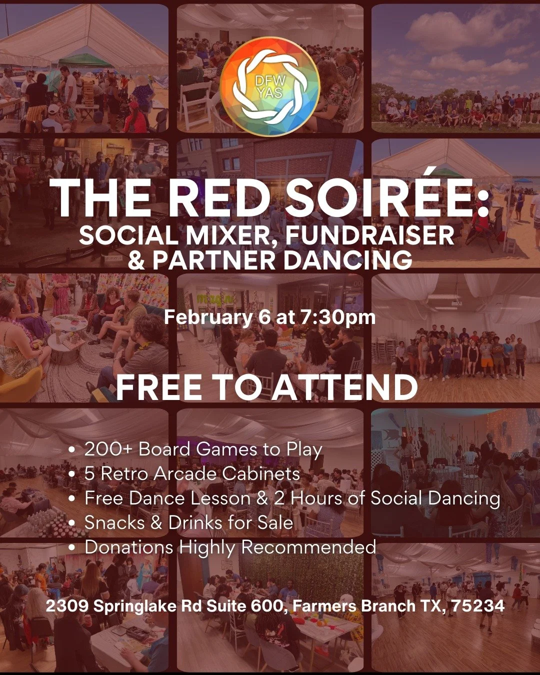 Join us on Friday, Feb 6 from 7:30&ndash;10:30 PM for The Red Soir&eacute;e, a social mixer, board game night and partner dancing event designed to help you unwind, meet new people, and enjoy a relaxed, welcoming atmosphere. Expect music, movement, c