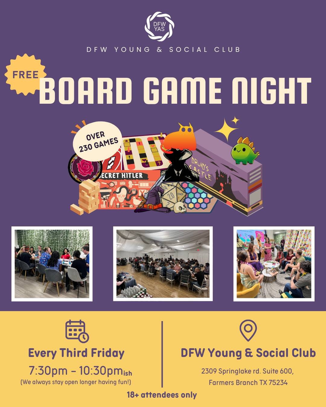 🎲 Join us this Friday, Feb 18 for our Board Game Night!

We now have over 230+ board games ready to play for everyone! You are also welcome to bring your own too. We will also have multiple free Arcade cabinets, digital pinball, and video game stati