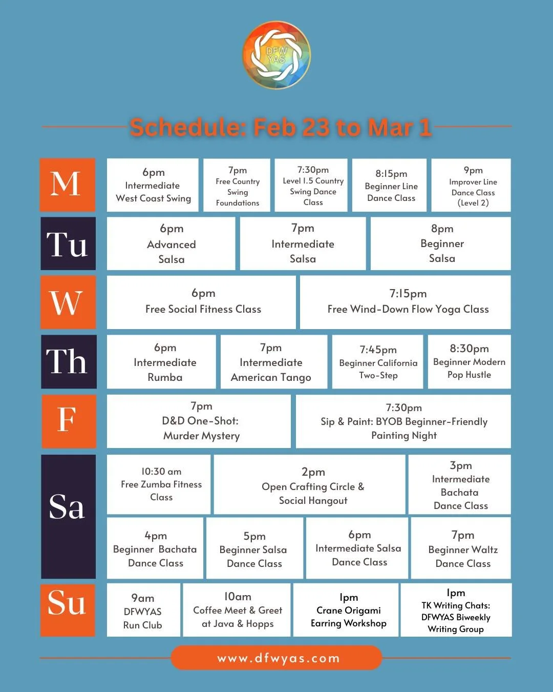 Another full week at DFW Young &amp; Social Club 💫From dance classes and D&amp;D to crafting, fitness, and coffee meetups, there&rsquo;s something happening almost every single day.

This week includes:

&bull; Multiple beginner and intermediate par