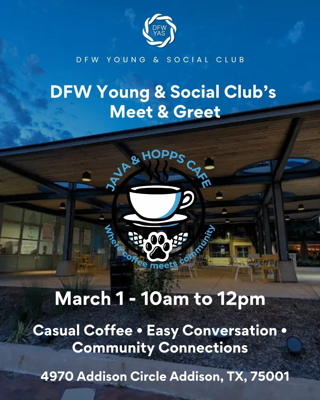 ☕🌤️ Sunday morning plans, sorted.

Join us for our Coffee Meet &amp; Greet at Java &amp; Hopps on March 1 from 10 AM&ndash;12 PM. We&rsquo;ll be gathering on their large covered outdoor patio, giving us plenty of space to connect comfortably while e