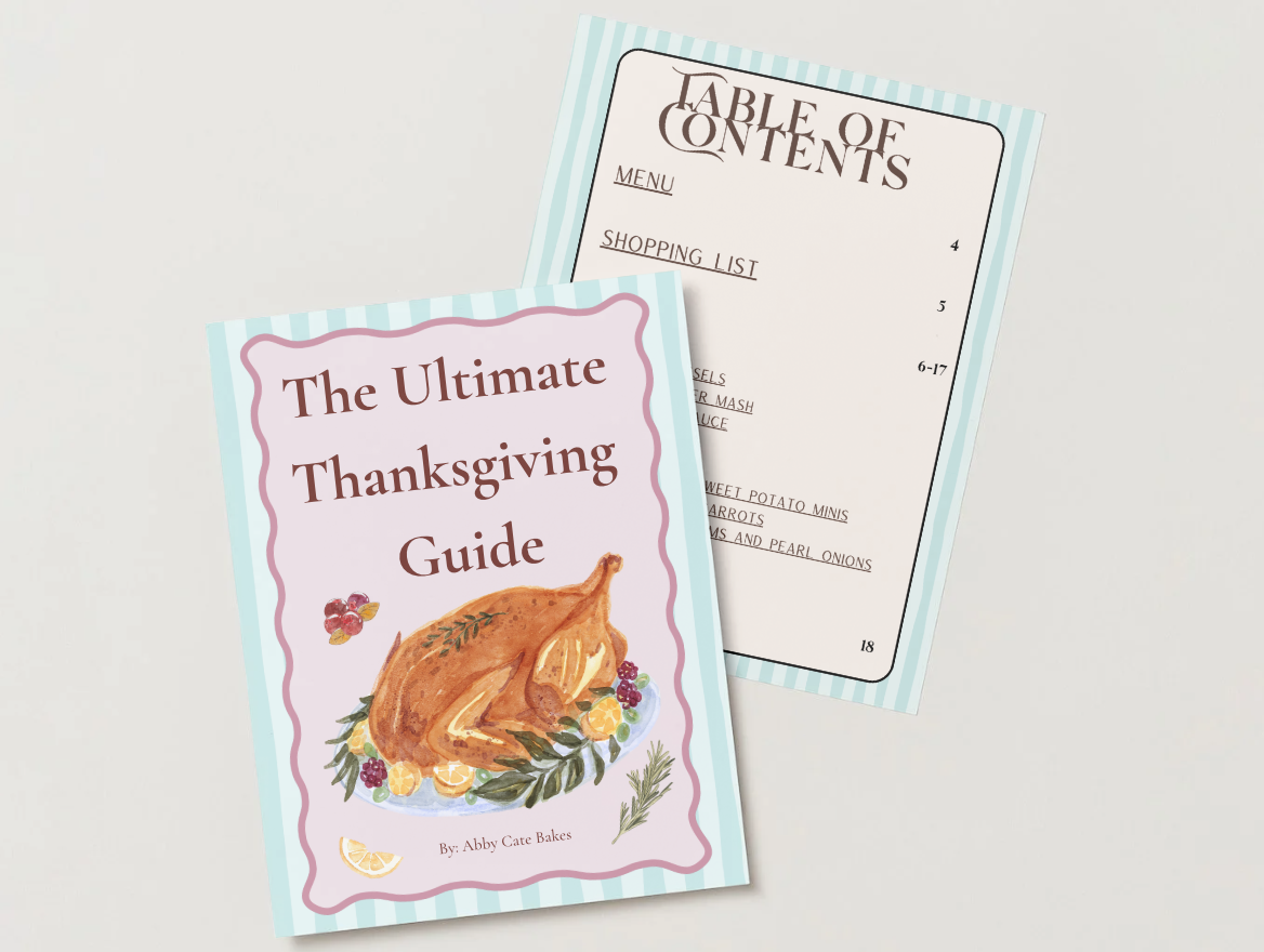 A Thanksgiving guidebook titled "The Ultimate Thanksgiving Guide" with an illustration of a roasted turkey on the cover, and a separate table of contents page listing menu items, on a light background.