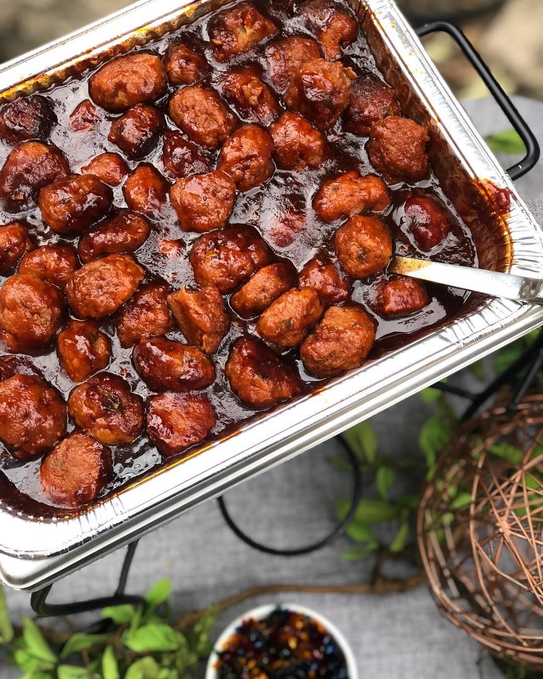 Homemade Sriracha meatballs! yummy appetizer from last nights wedding!  #foxinthewoodscatering #weddingfood #sriracha #pineroseweddings #pinerosecabins #weddingcatering