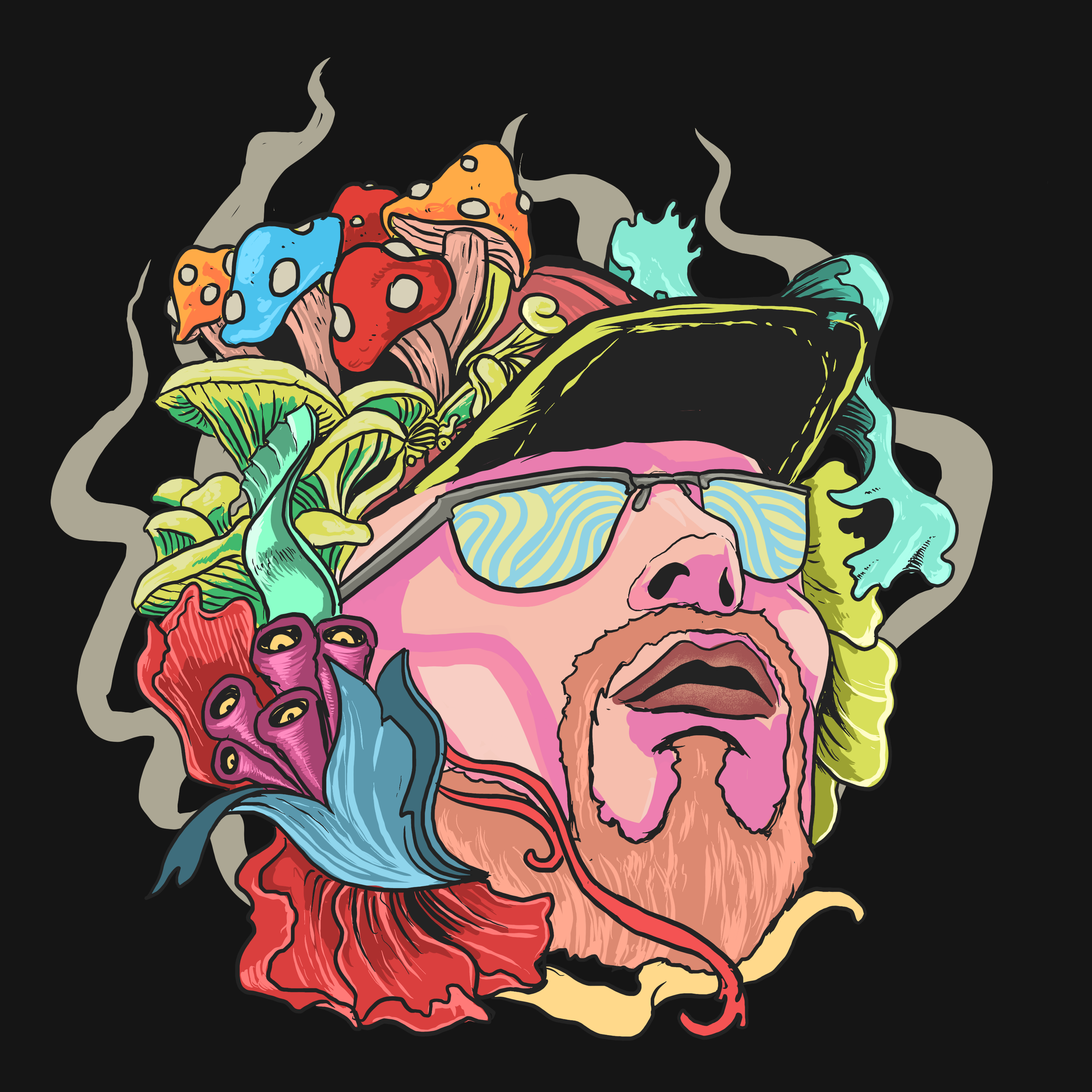 Colorful, artistic illustration of a human head with various abstract shapes, patterns, and vibrant colors, against a black background.