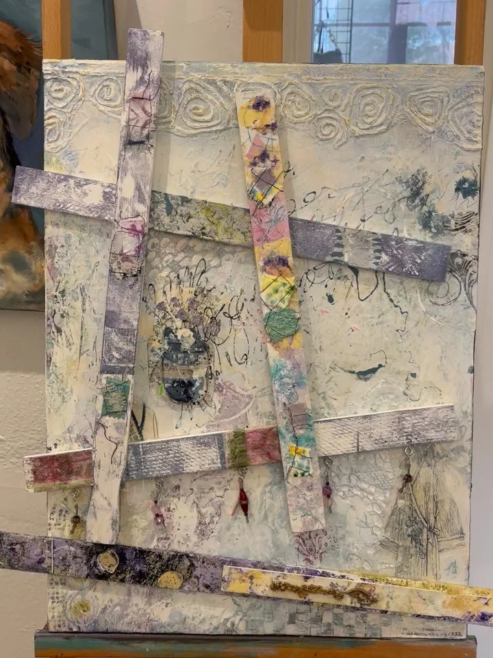 Once a lover of sticks, always a lover of sticks. My current versions had to be purchased and are now gelli plated and covered in hand painted papers. And, a few jewels never hurt either.  They&rsquo;re the perfect topping for a mixed media board, do