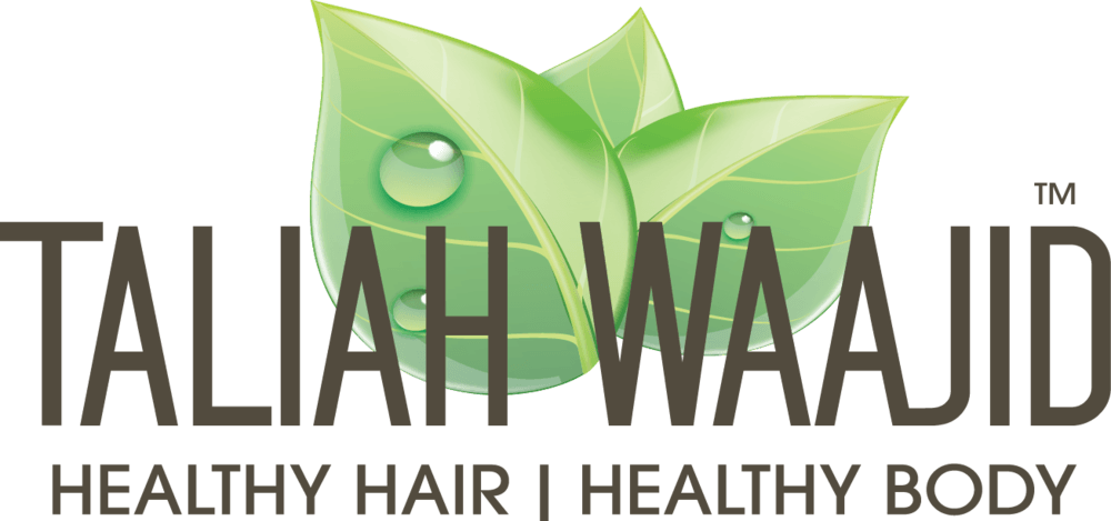 Logo for Taliah Waji, featuring green leaves with water droplets and the tagline 'Healthy Hair | Healthy Body'.