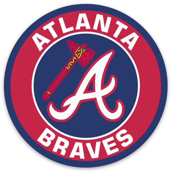 Logo of the Atlanta Braves baseball team featuring a large white letter 'A' in the center, with a red tomahawk above it, enclosed in a circular red and blue border with the text 'ATLANTA BRAVES'.