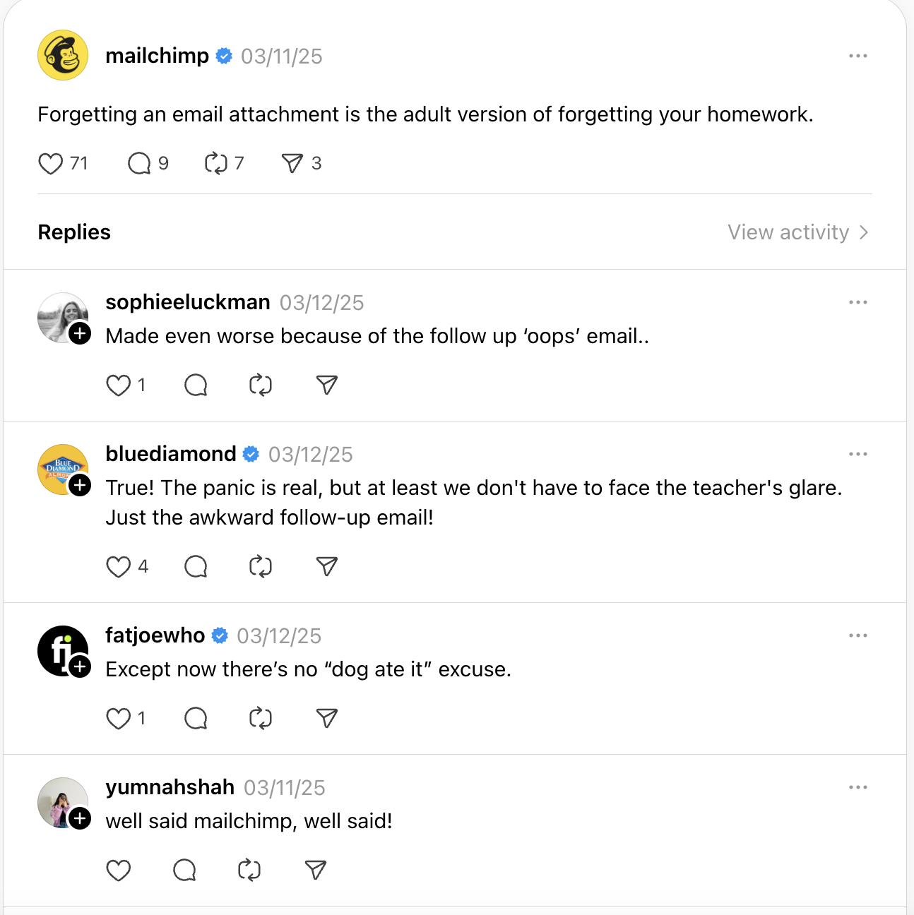 A screenshot of Mailchimp's thread post that reads "forgetting an email attachment is the adult equivalent of forgetting your homework."