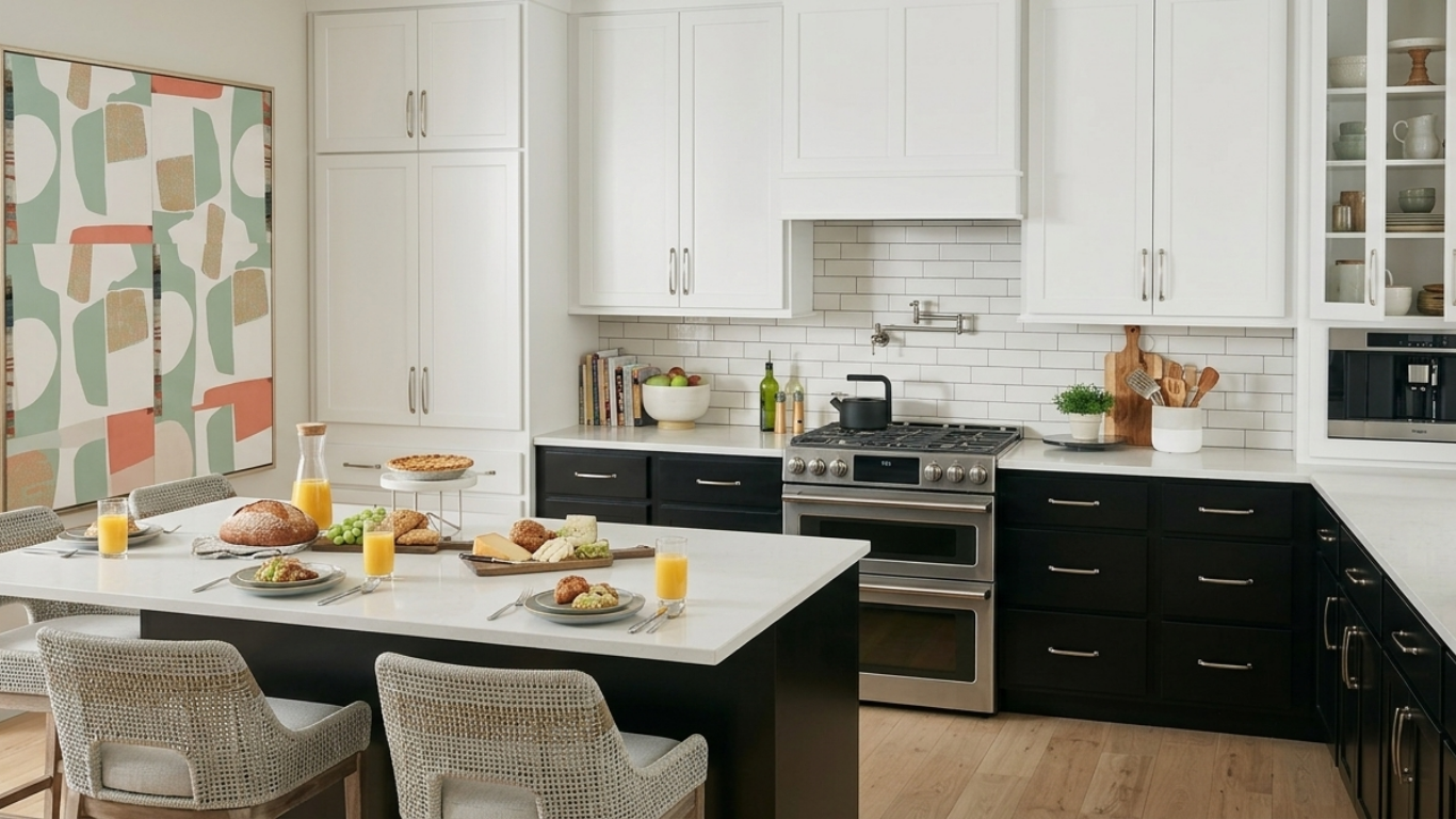 Kitchen with white upper cabinets, black lower cabinets, white subway tile backsplash, stainless steel oven, and cultured marble kitchen table.