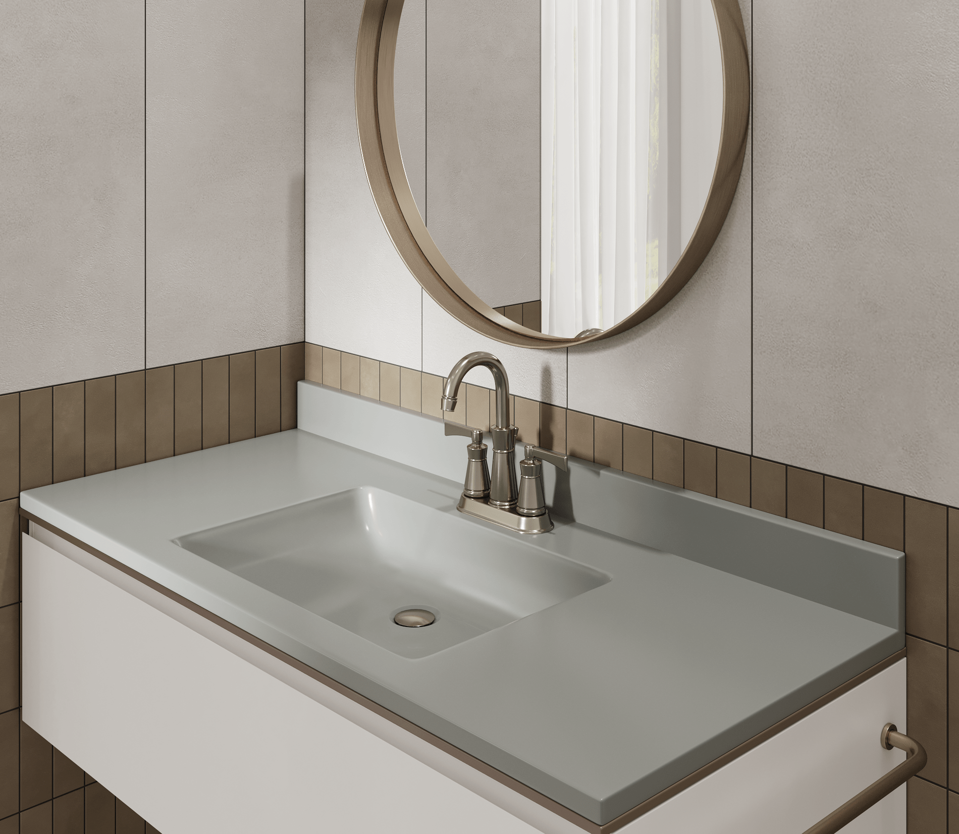 Bathroom sink with a mirror above, beige tiled wall, and a white and gray vanity.