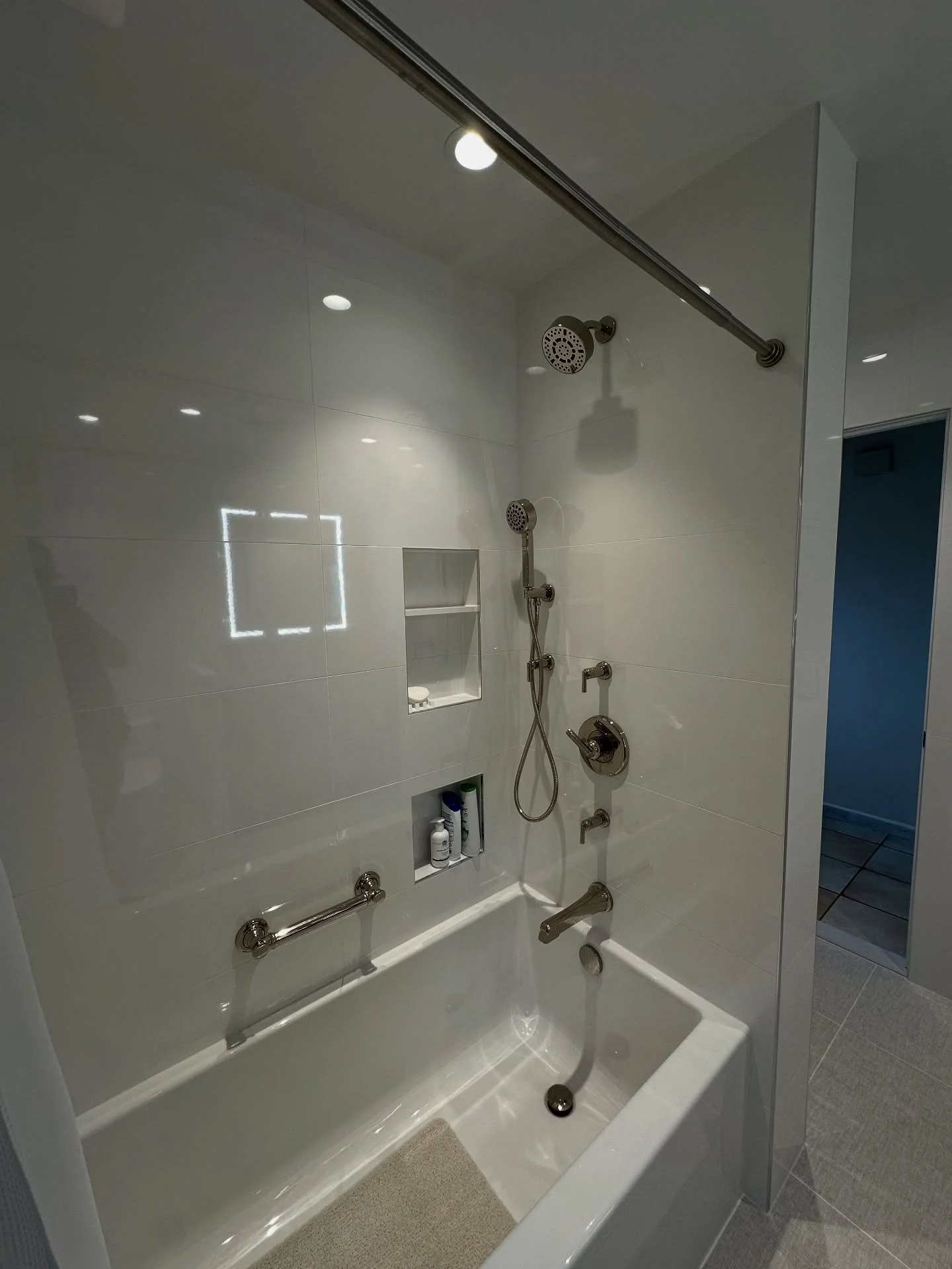 Same client, similar style bathroom! Waiting on final details like counter/sink, shower enclosure, and some hardware.