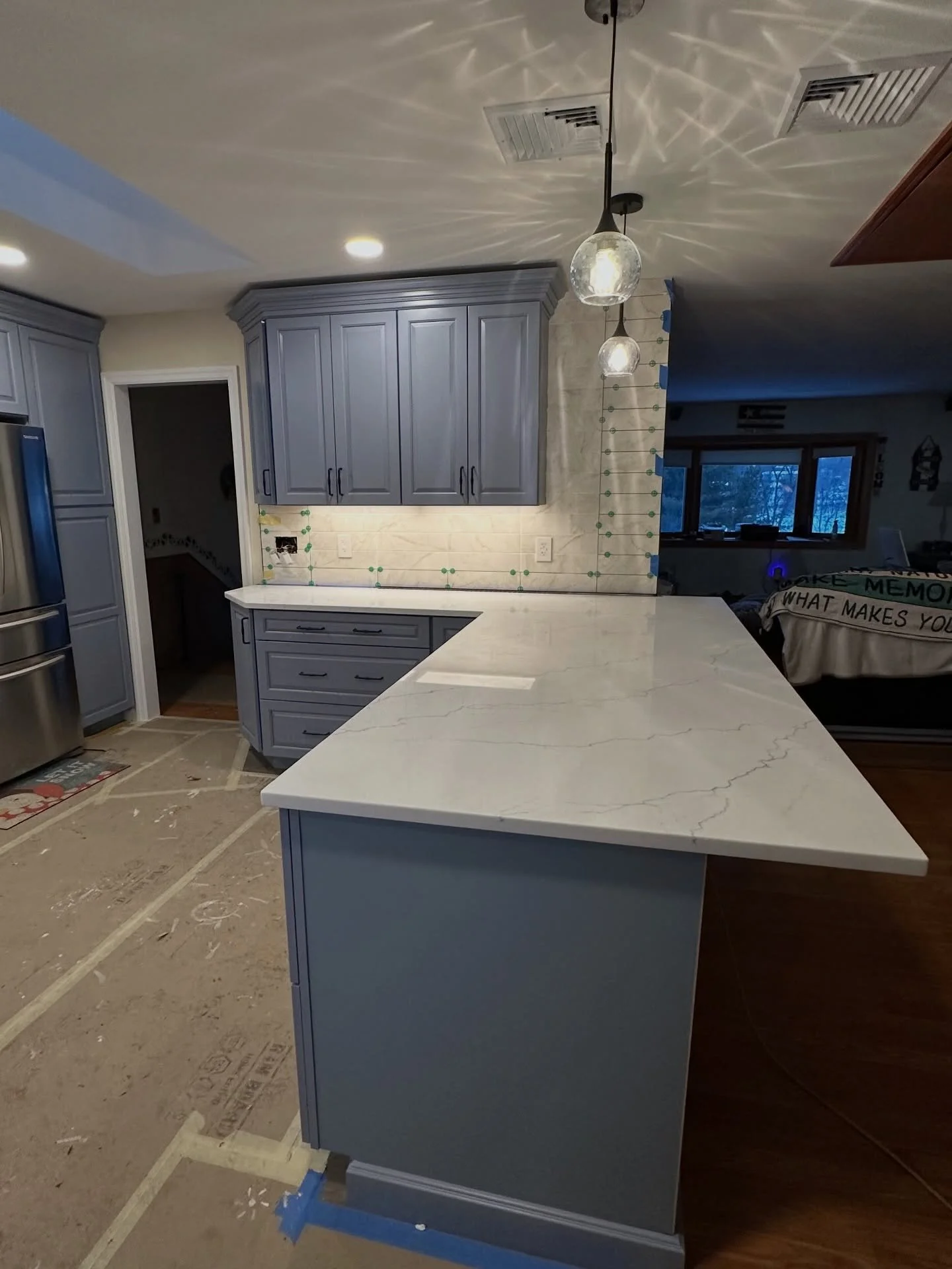 Counters got installed today! Came right behind them to do the backsplash. One more day on this job and it&rsquo;s complete!