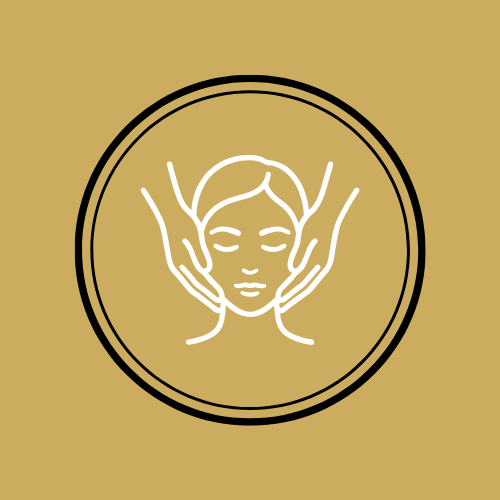 Minimalist logo of a woman receiving a facial massage or skincare treatment, with her eyes closed, surrounded by a circular border.