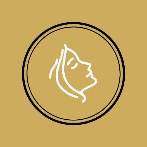 A gold background with a white outline of a woman's face in profile inside a black circle.