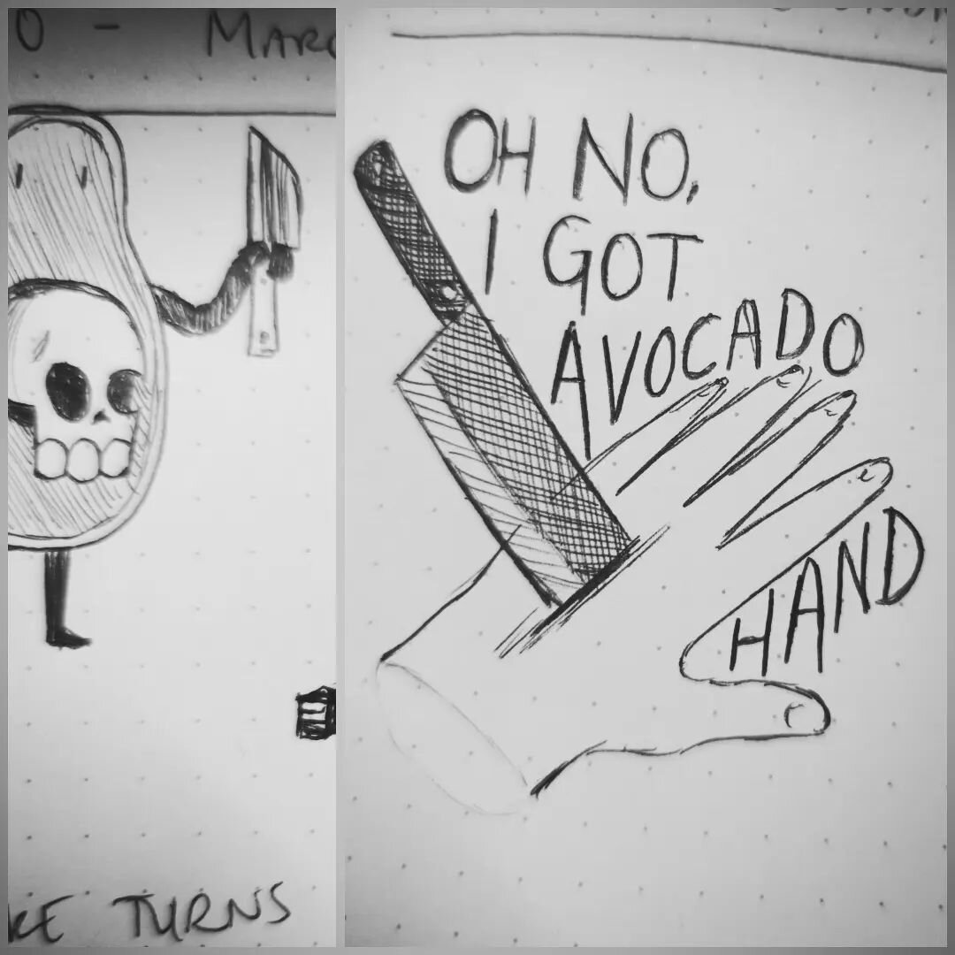 @tyler_palma_illustrates did these doodles during a recent D&amp;D session in response to my recent avocado-related injury. Never before has a knife wound resulted in so much joy in my life.