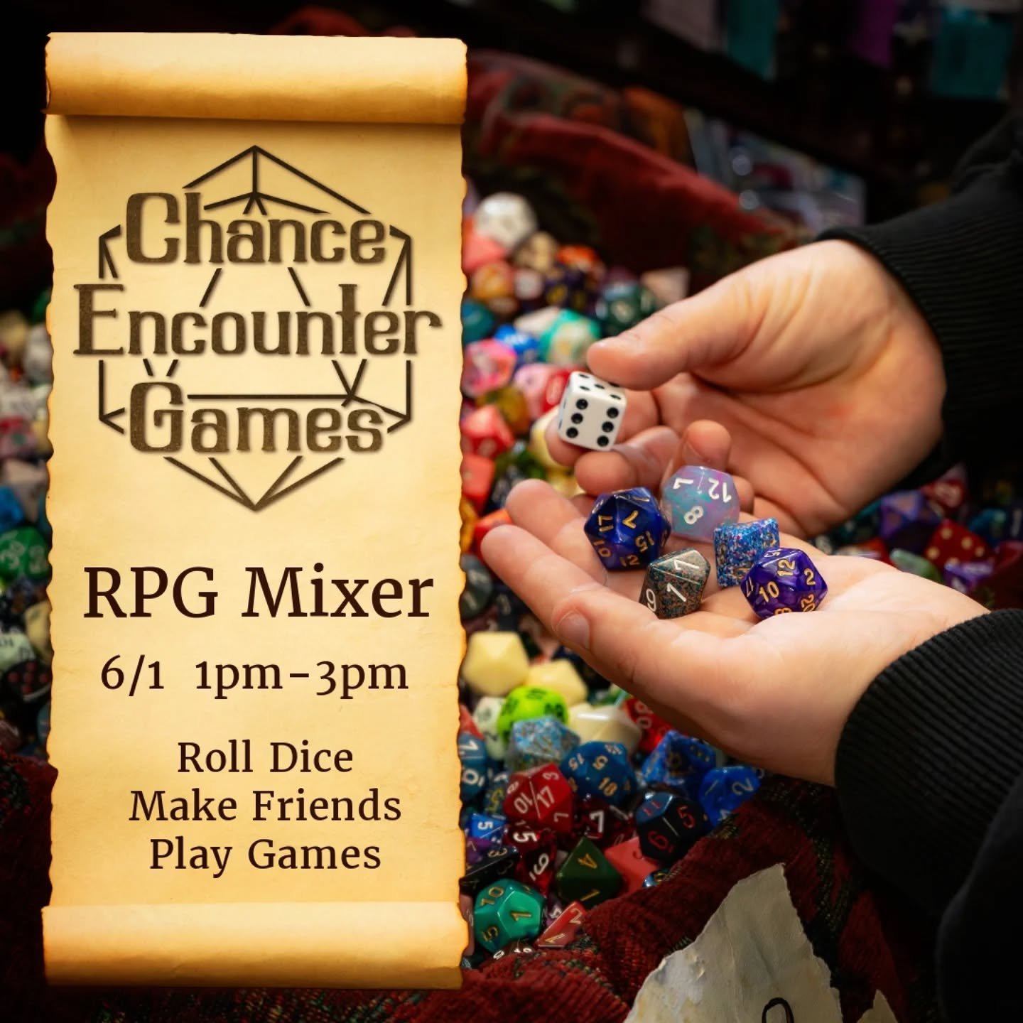 Come on down Chance Encounter Games on Sunday June 1st for a free all-ages community event! We'll have icebreakers and activities so you can get to know other RPG enthusiasts in Seattle. Who knows, maybe you'll even leave with a new gaming group to p