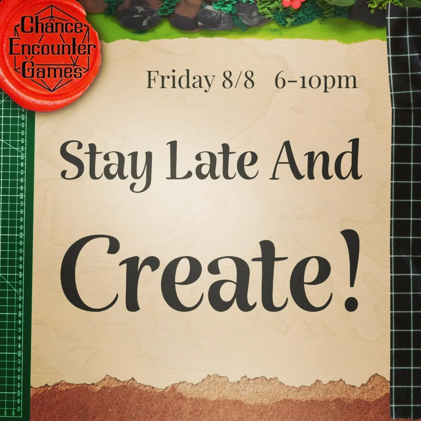 Do you have a WiP that needs finishing? Struggling to prioritize craft time? Need to get out of the house? Come on down to Chance Encounter Games between 6 and 10 tonight to join fellow crafty nerds for this free community event!